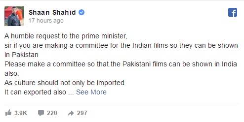 Shaan wants PM Nawaz to ensure Pakistani films screening in India