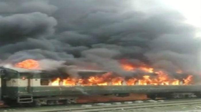 Fire engulfs parked train at Lahore’s Harbanspura station